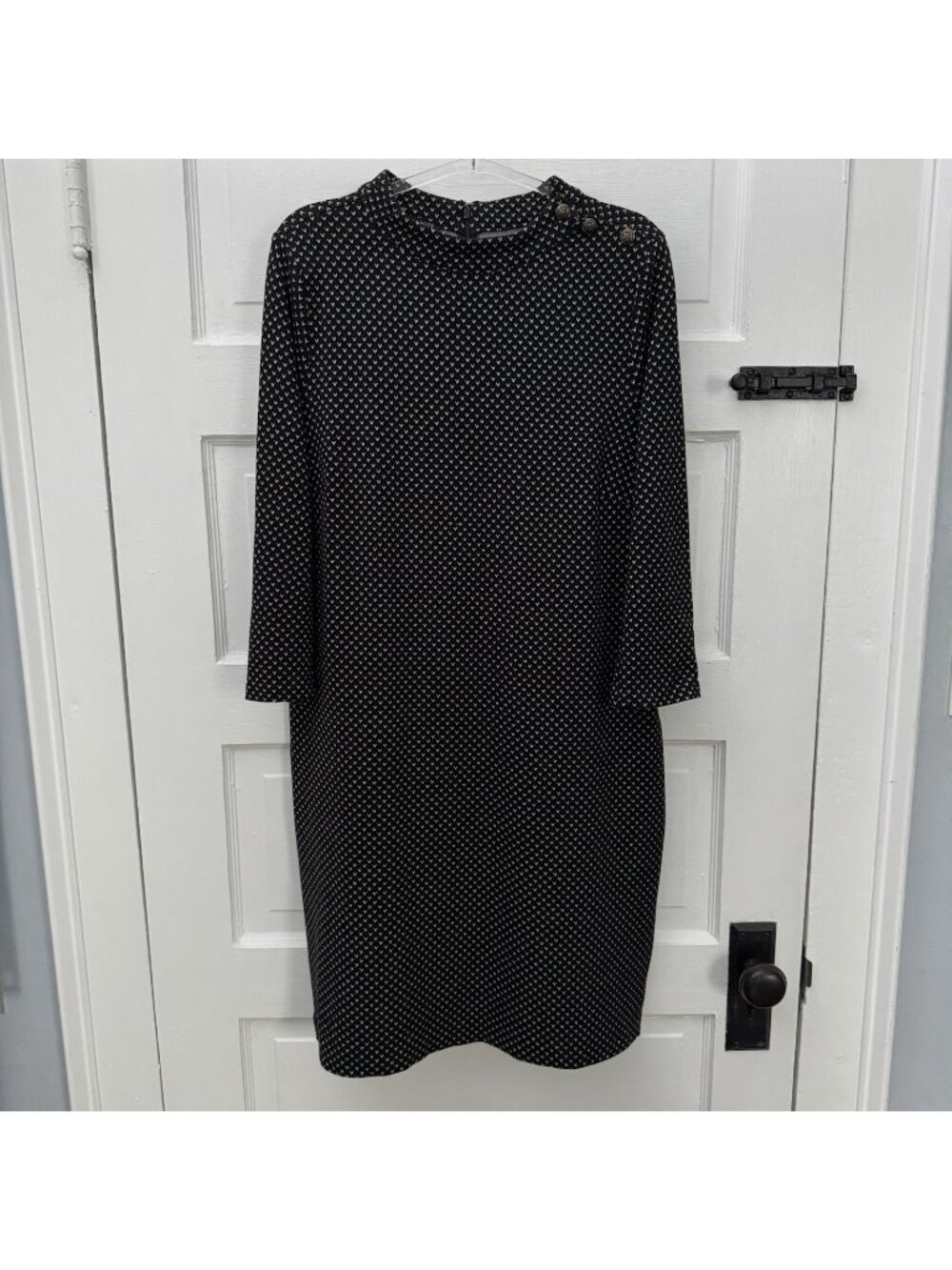 Talbots Petite LP Cotton Knit Shift Dress Black White Gold Button Long Sleeve
